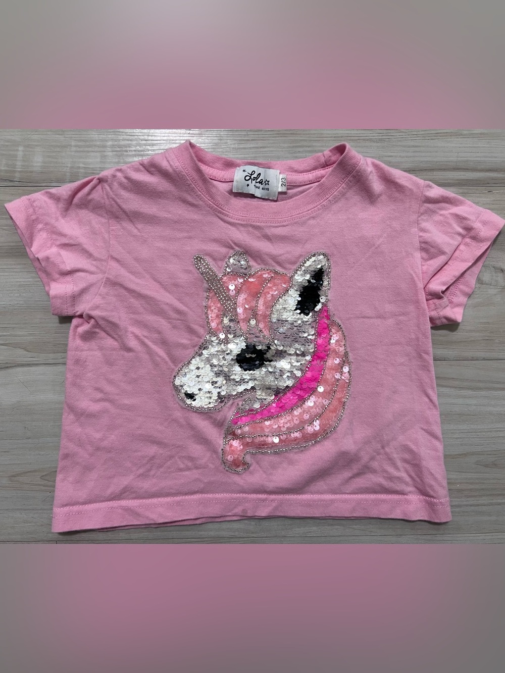 Lola + the boys • 2/3 Pink Sequin Unicorn Short Sleeve Tee